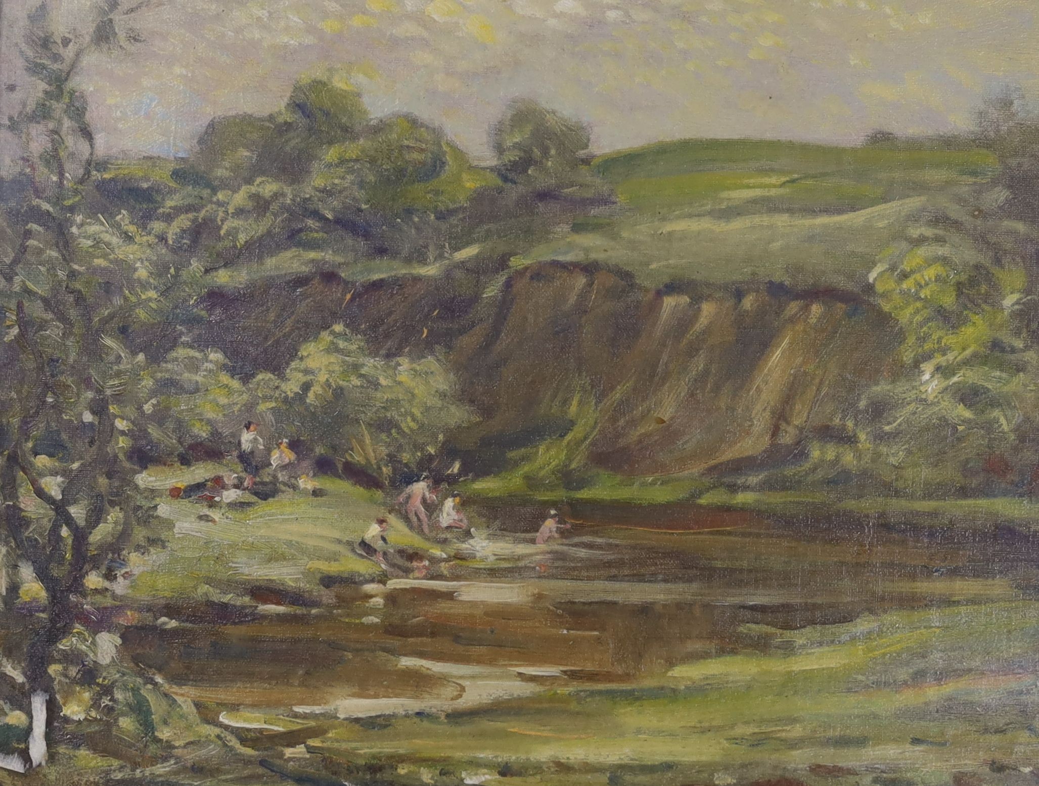 Hector Chalmers (1849-1943), oil on board, 'The Bathing Pool 1937', signed, with label verso, 32 x 42cm